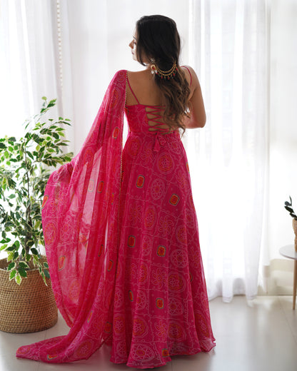 Pink bandhani anarkali suit with matching dupatta
