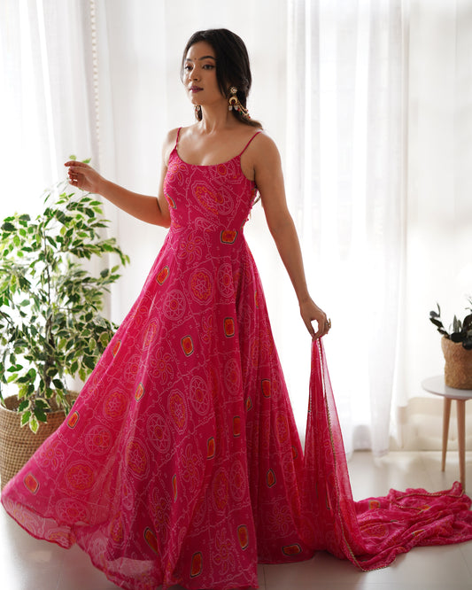Pink bandhani anarkali suit with matching dupatta