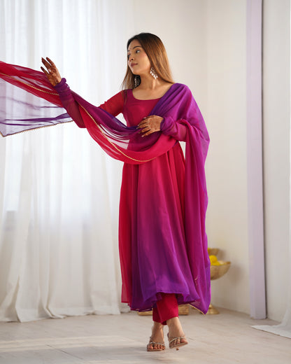 Magenta and purple ombre anarkali suit with matching dupatta
