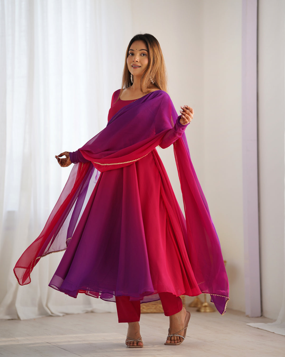 Magenta and purple ombre anarkali suit with matching dupatta