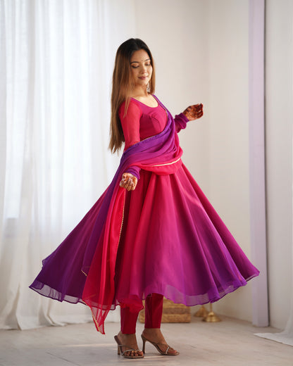 Magenta and purple ombre anarkali suit with matching dupatta
