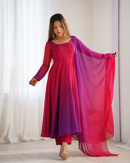 Magenta and purple ombre anarkali suit with matching dupatta