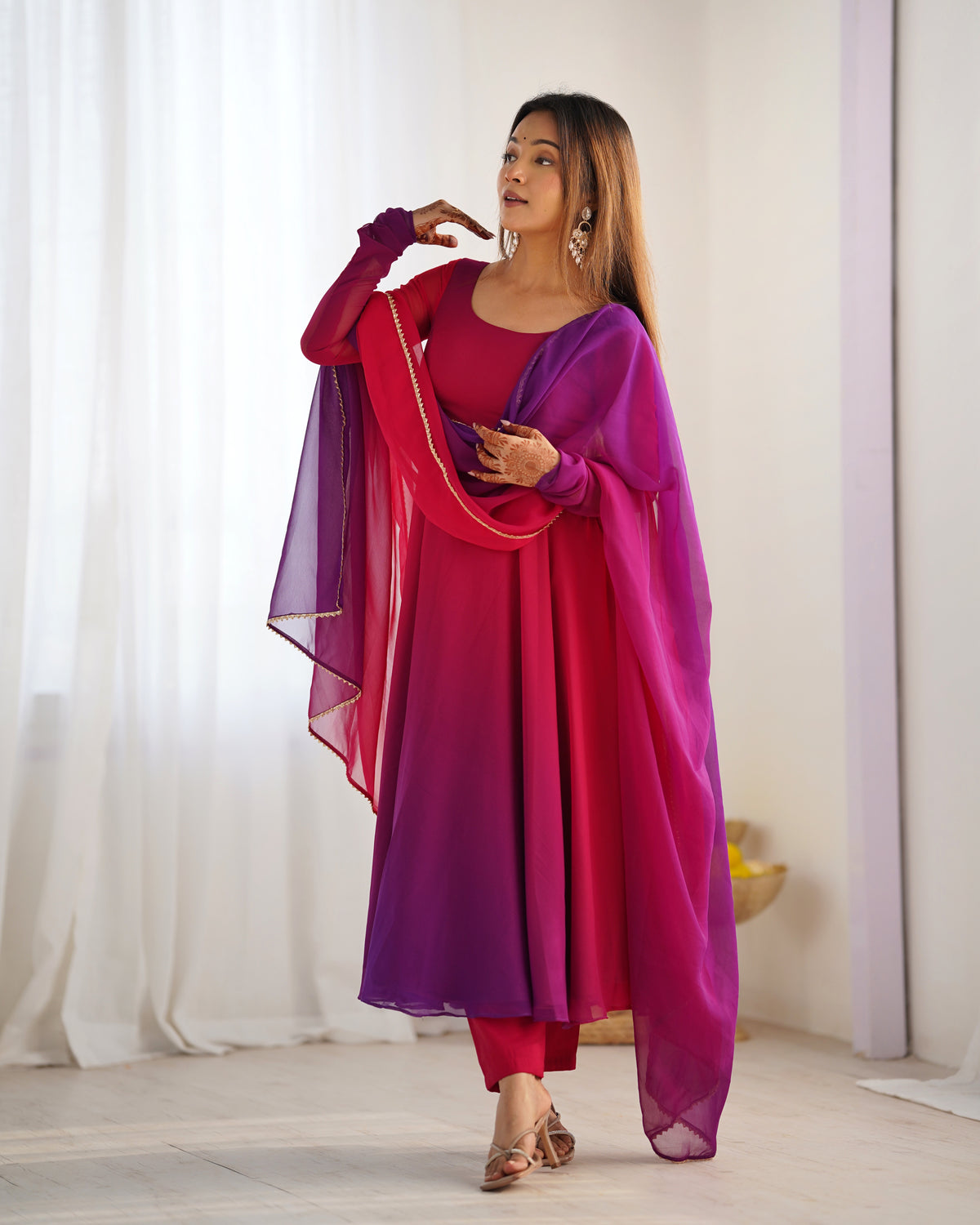 Magenta and purple ombre anarkali suit with matching dupatta