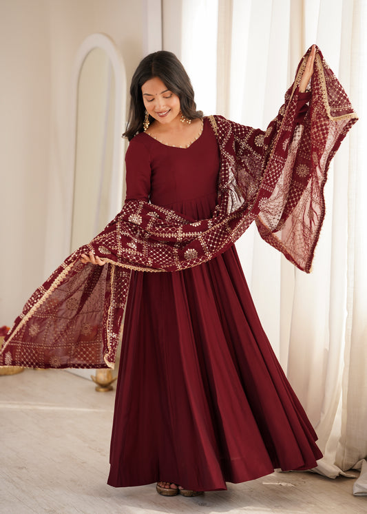 Maroon Pure Roman Silk Chanderi Anarkali Gown with Embroidered Dupatta
