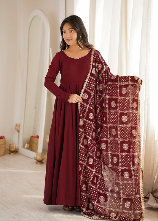 Maroon Pure Roman Silk Chanderi Anarkali Gown with Embroidered Dupatta