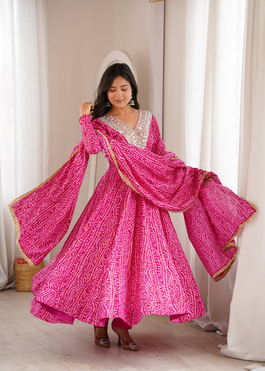 Pink Bandhani Reyon Anarkali Suit with Mirror Work Neckline & Dupatta
