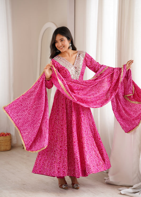 Pink Bandhani Reyon Anarkali Suit with Mirror Work Neckline & Dupatta