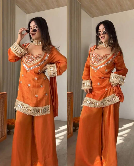 Orange Silk Mirror Work Indo-Western Sharara Set