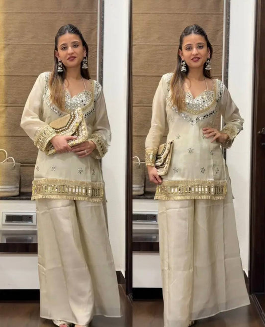 Ivory Silk Mirror Work Indo-Western Sharara Set