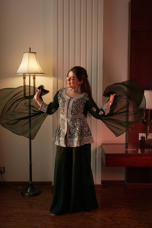 Dark Green Embroidered Indo-Western Kurti Palazzo Set with Dupatta