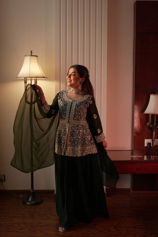 Dark Green Embroidered Indo-Western Kurti Palazzo Set with Dupatta