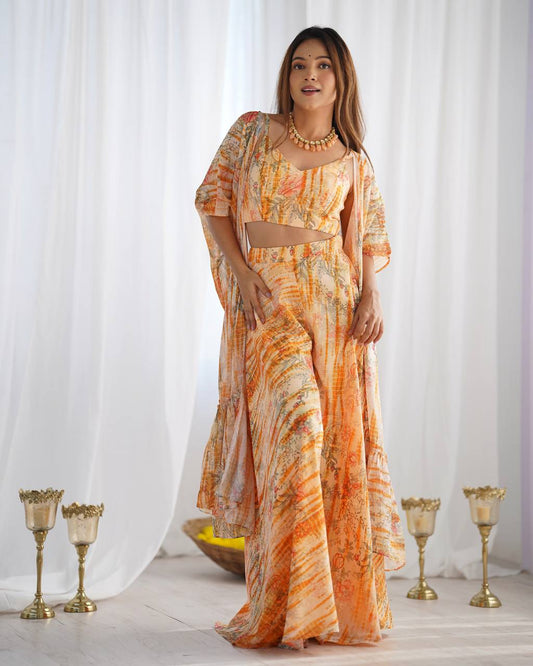Peach Printed Indo-Western Co-Ord Set with Cape