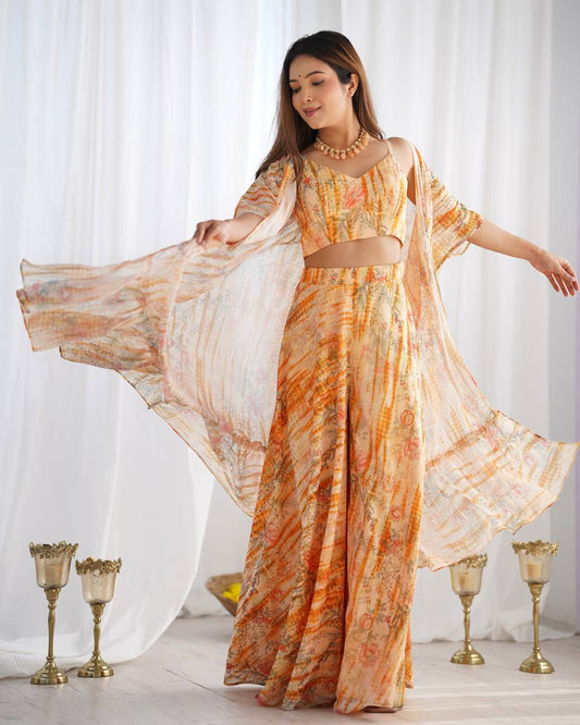 Peach Printed Indo-Western Co-Ord Set with Cape