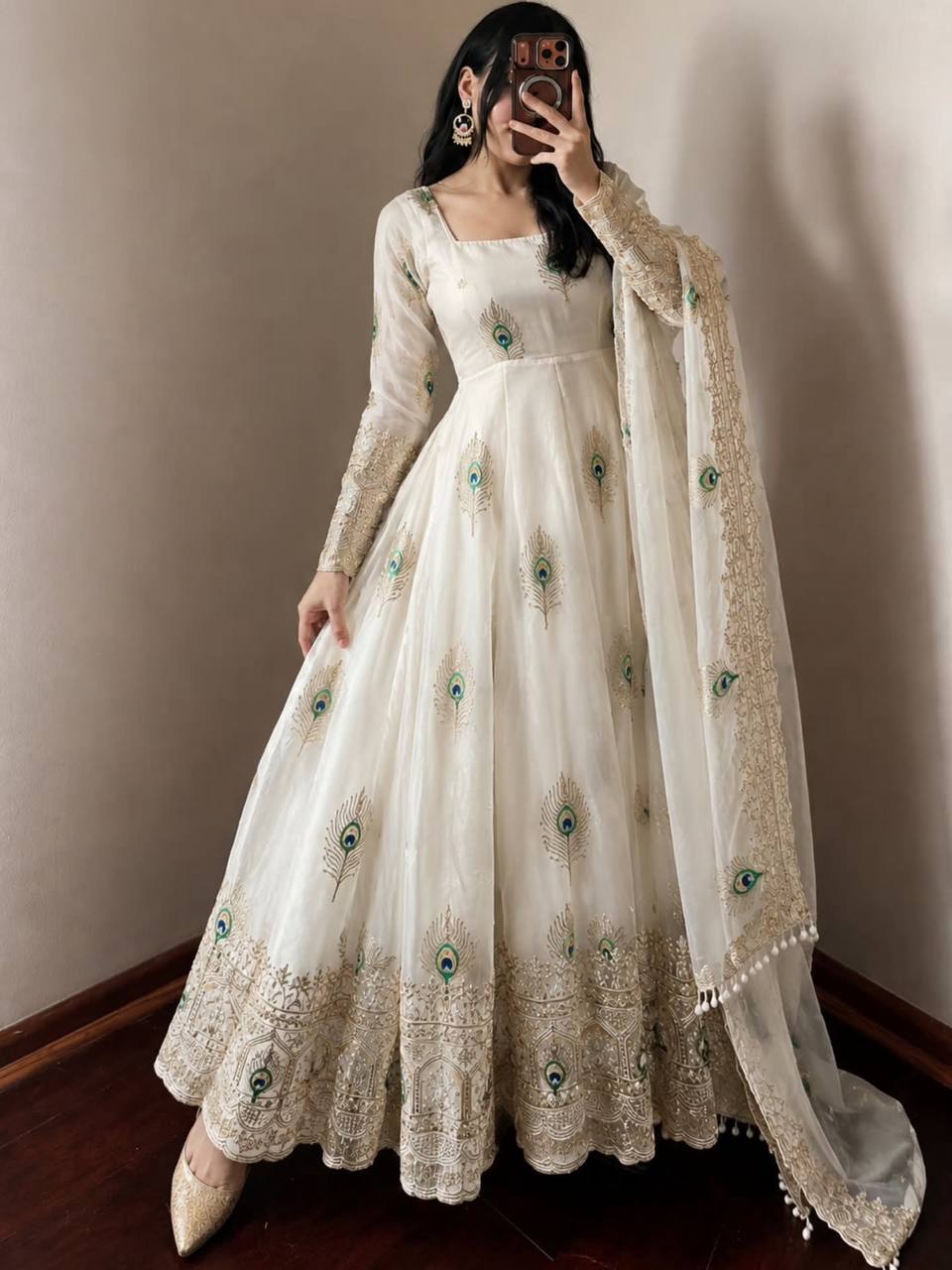 White Anarkali Gown with Peacock Feather Embroidery & Golden Lace Dupatta