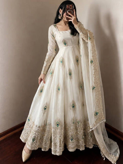 White Anarkali Gown with Peacock Feather Embroidery & Golden Lace Dupatta