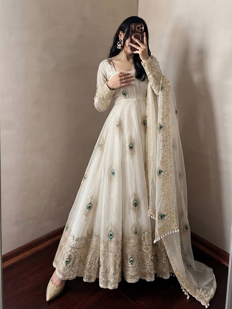 White Anarkali Gown with Peacock Feather Embroidery & Golden Lace Dupatta
