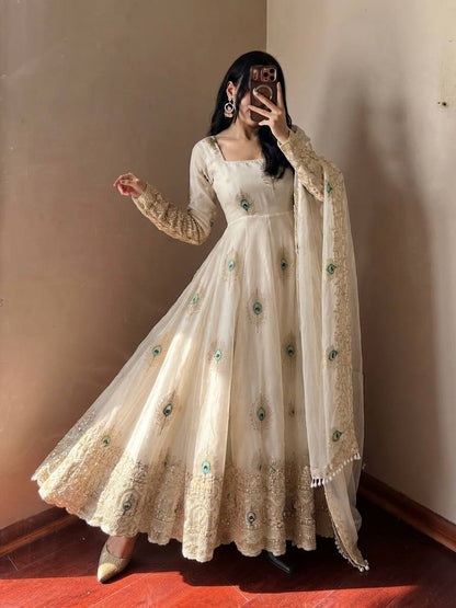 White Anarkali Gown with Peacock Feather Embroidery & Golden Lace Dupatta