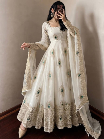 White Anarkali Gown with Peacock Feather Embroidery & Golden Lace Dupatta