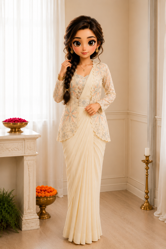 Cream Ready-to-Wear Saree with Embroidered Jacket