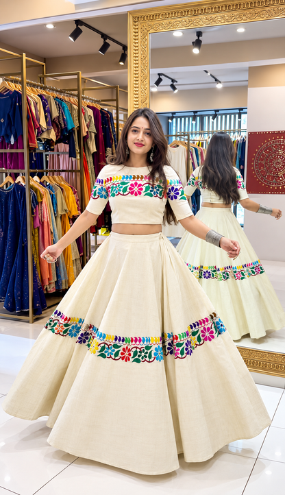 Ivory Kora Cotton Gamthi Mirror Work Lehenga Choli