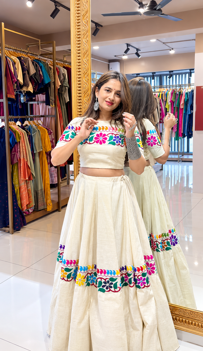 Ivory Kora Cotton Gamthi Mirror Work Lehenga Choli