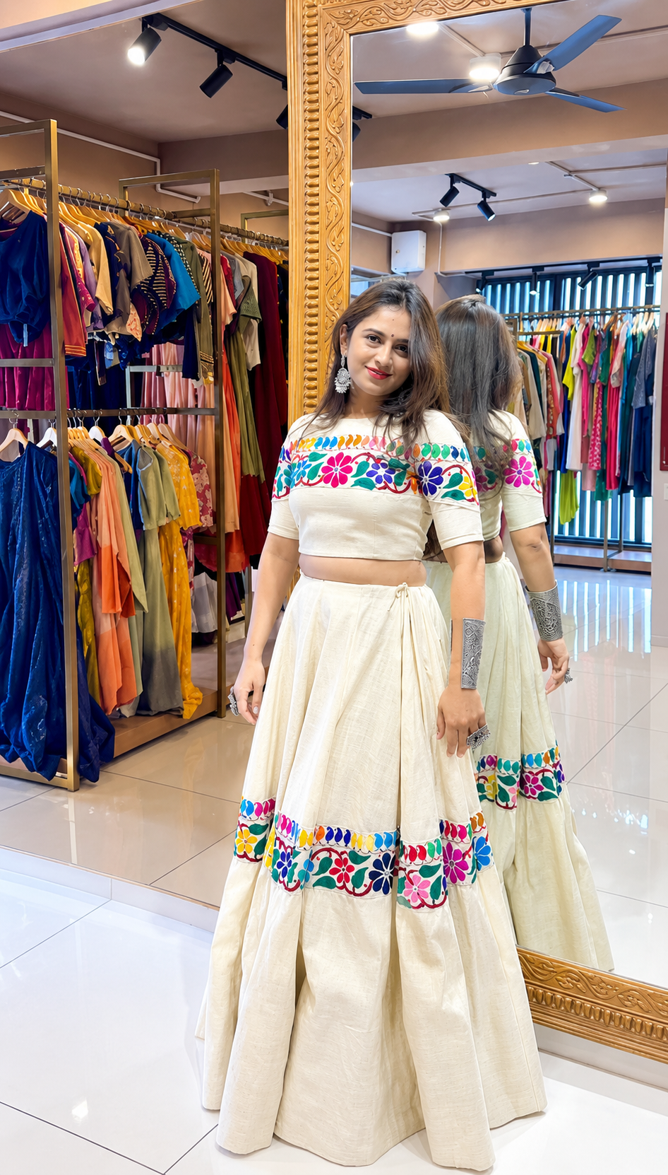 Ivory Kora Cotton Gamthi Mirror Work Lehenga Choli
