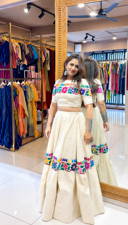 Ivory Kora Cotton Gamthi Mirror Work Lehenga Choli