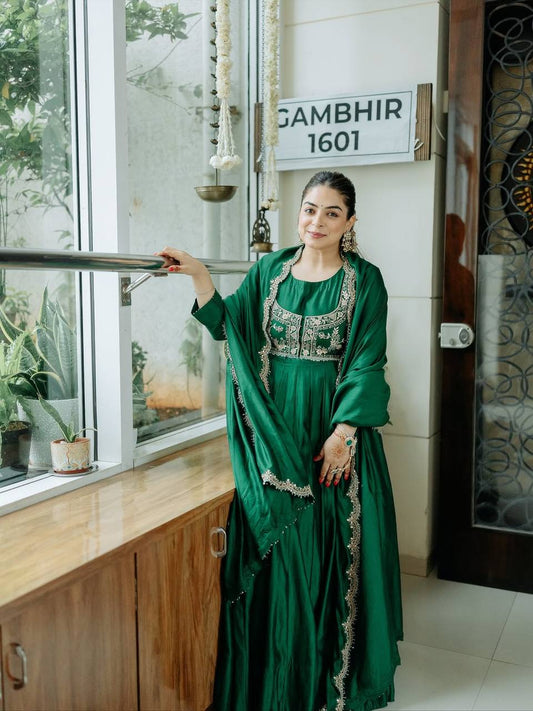Emerald Green Jacket Style Anarkali Gown with Embroidery Work