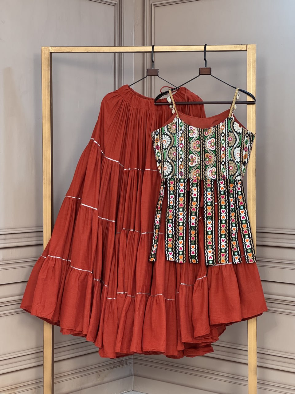Kora Cotton Frill Lehenga with Kutchi Patchwork Blouse