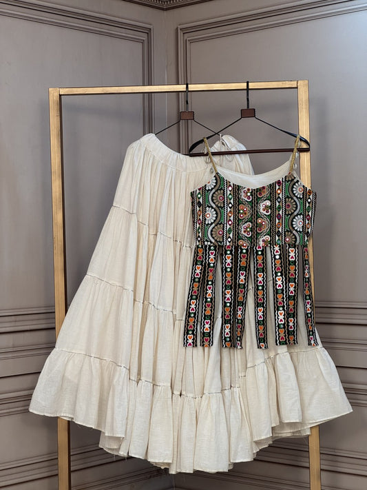 Kora Cotton Frill Lehenga with Kutchi Patchwork Blouse
