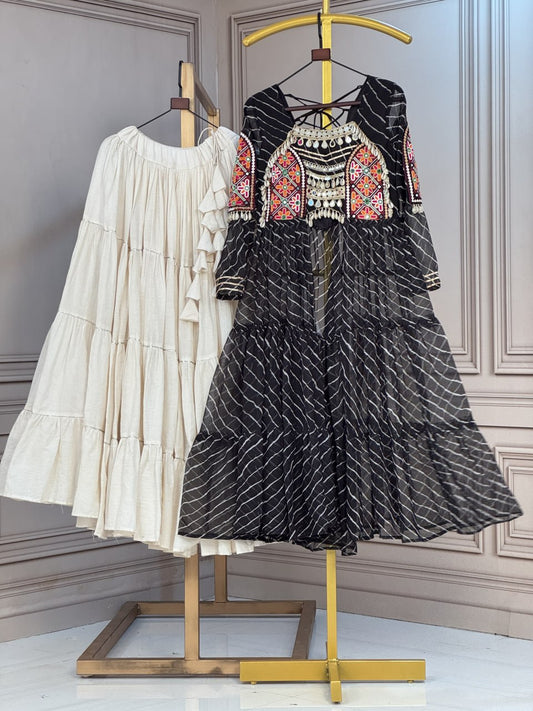 Kora Cotton Frill Lehenga with Laheriya Print Kutchi Patchwork Kurti