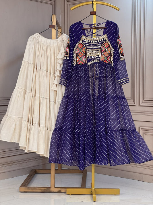 Kora Cotton Frill Lehenga with Laheriya Print Kutchi Patchwork Kurti