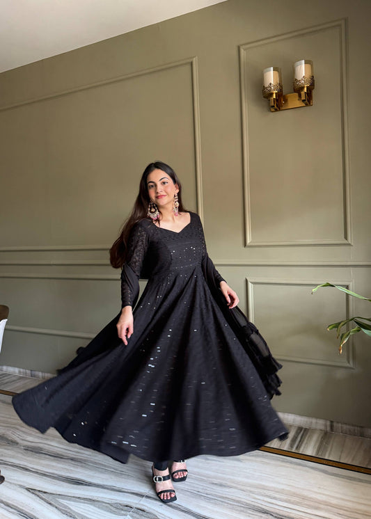 Black Lucknowi Anarkali Gown in Soft Georgette with Sequin & Thread Work