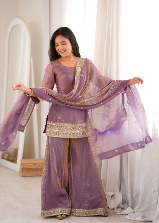 Lavender Frendy Silk Palazzo Suit with Embroidery Sequence Dori Zari Work