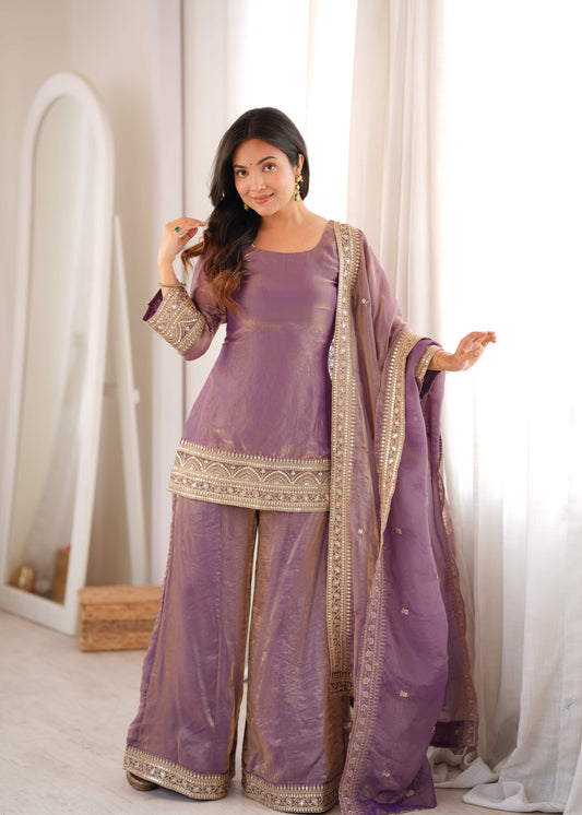Lavender Frendy Silk Palazzo Suit with Embroidery Sequence Dori Zari Work