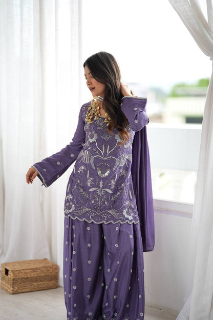 Lavender Purple Silk Sharara Suit with Beads & Sequin Work and Matching Dupatta