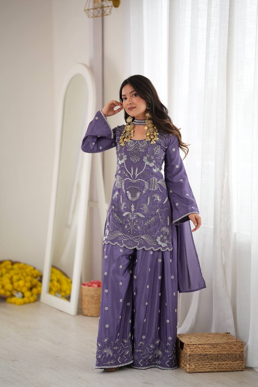 Lavender Purple Silk Sharara Suit with Beads & Sequin Work and Matching Dupatta