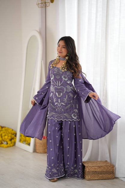 Lavender Purple Silk Sharara Suit with Beads & Sequin Work and Matching Dupatta