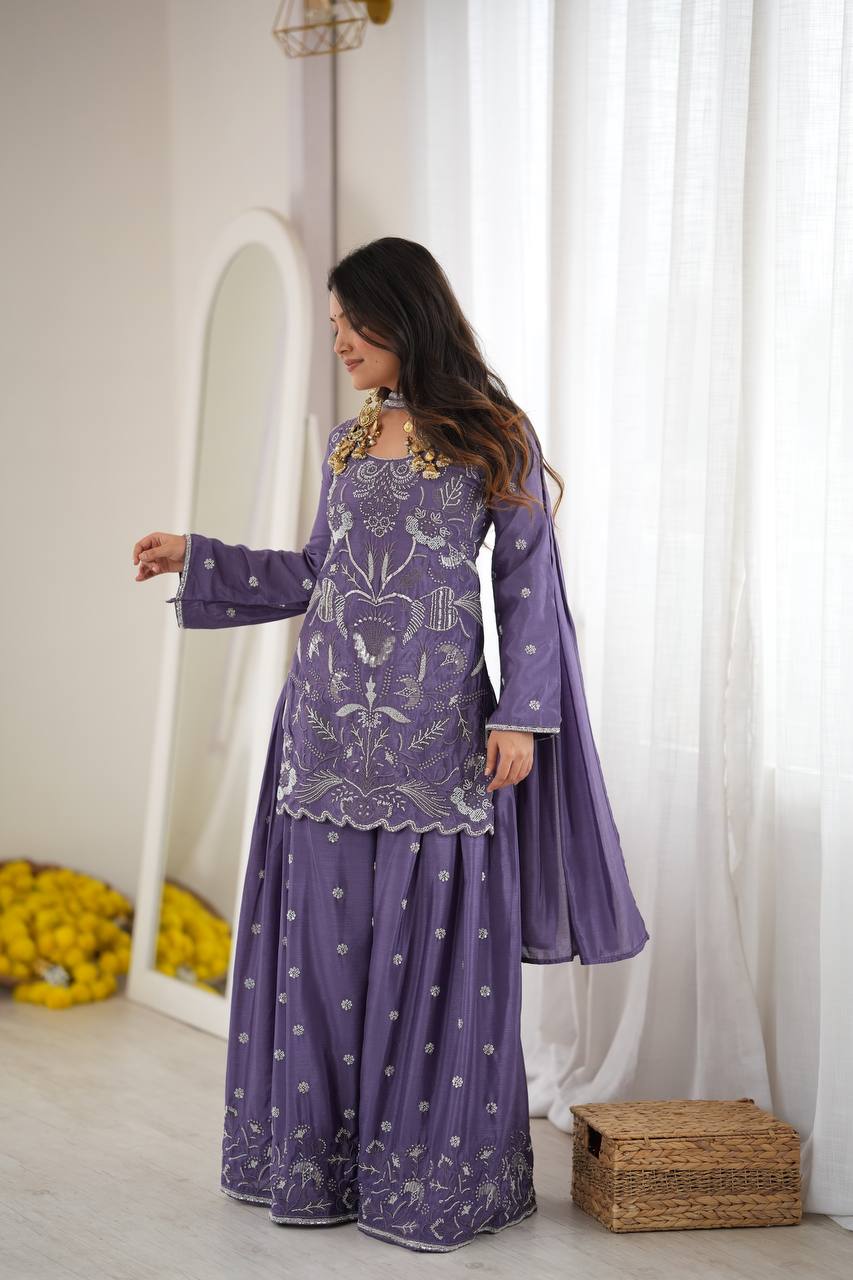 Lavender Purple Silk Sharara Suit with Beads & Sequin Work and Matching Dupatta
