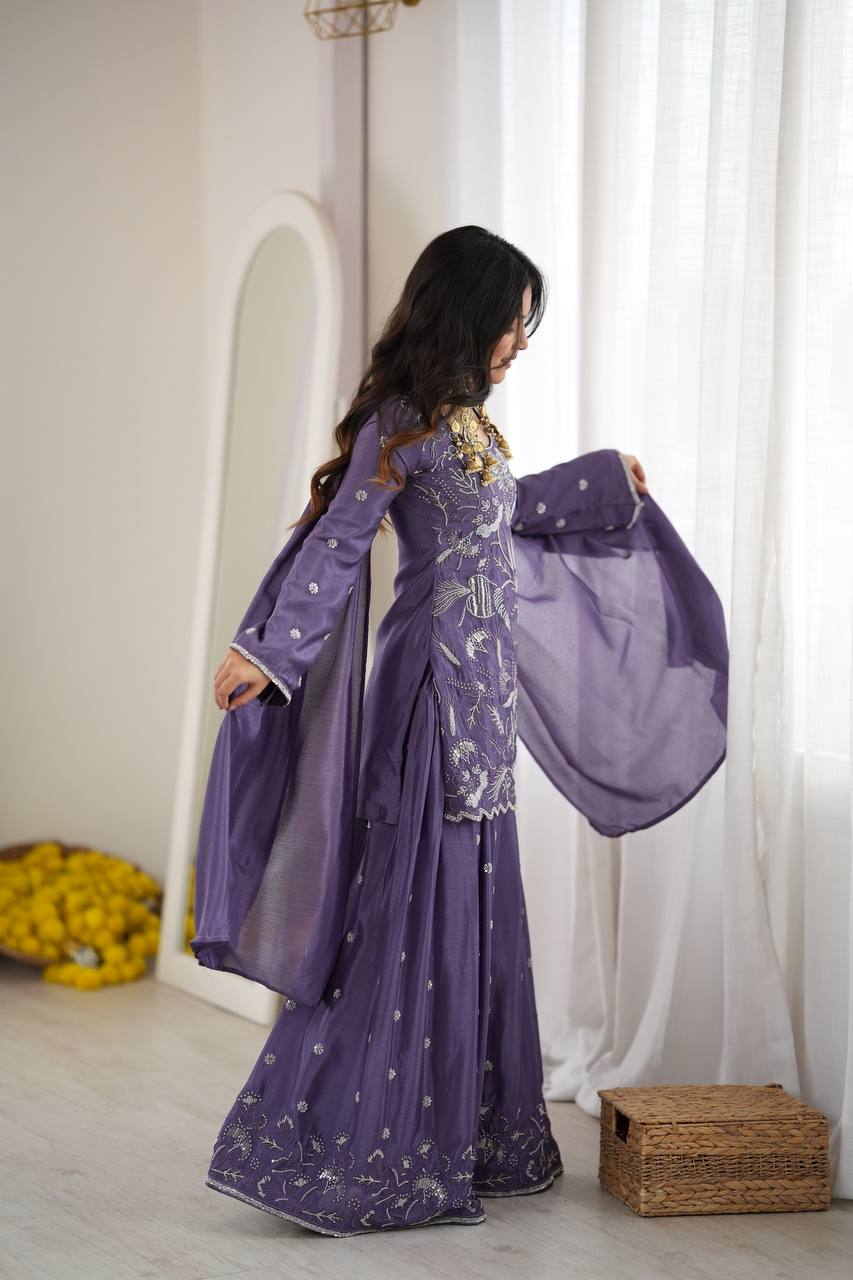 Lavender Purple Silk Sharara Suit with Beads & Sequin Work and Matching Dupatta