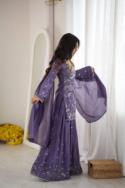 Lavender Purple Silk Sharara Suit with Beads & Sequin Work and Matching Dupatta