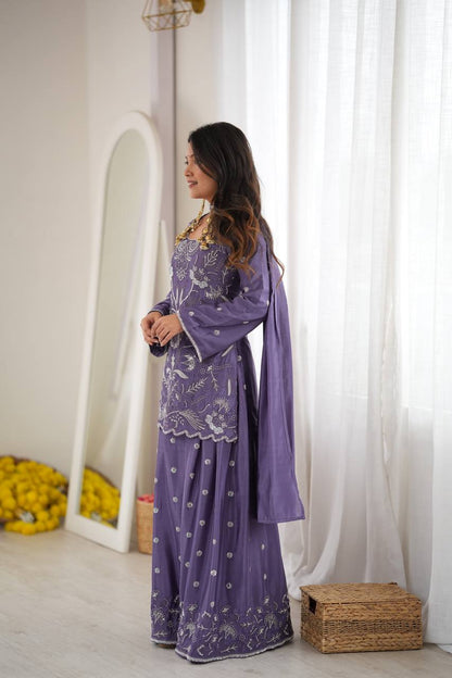 Lavender Purple Silk Sharara Suit with Beads & Sequin Work and Matching Dupatta