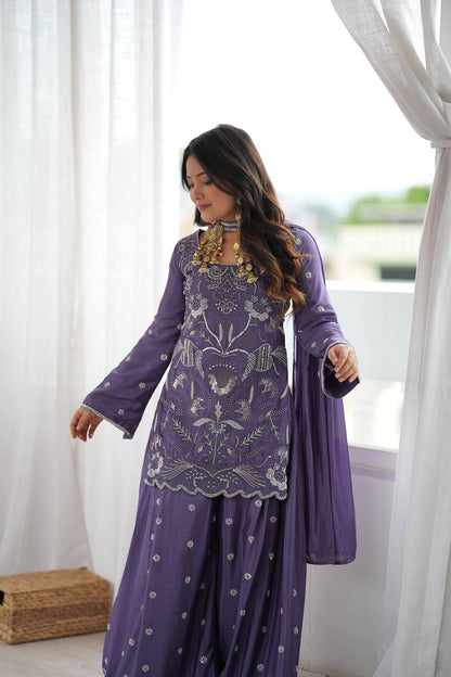 Lavender Purple Silk Sharara Suit with Beads & Sequin Work and Matching Dupatta