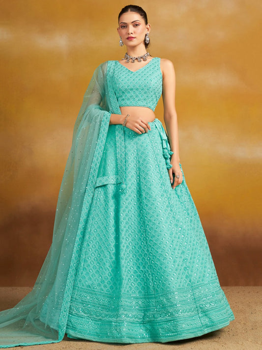 Aqua Blue Embroidered Lehenga Choli Set