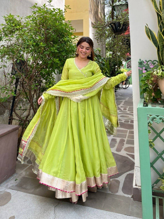 Lime Green Tabby Organza Silk Anarkali Lehenga Set with Mirror Work & Gotta Patti Lace