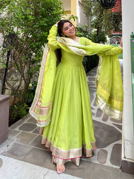 Lime Green Tabby Organza Silk Anarkali Lehenga Set with Mirror Work & Gotta Patti Lace