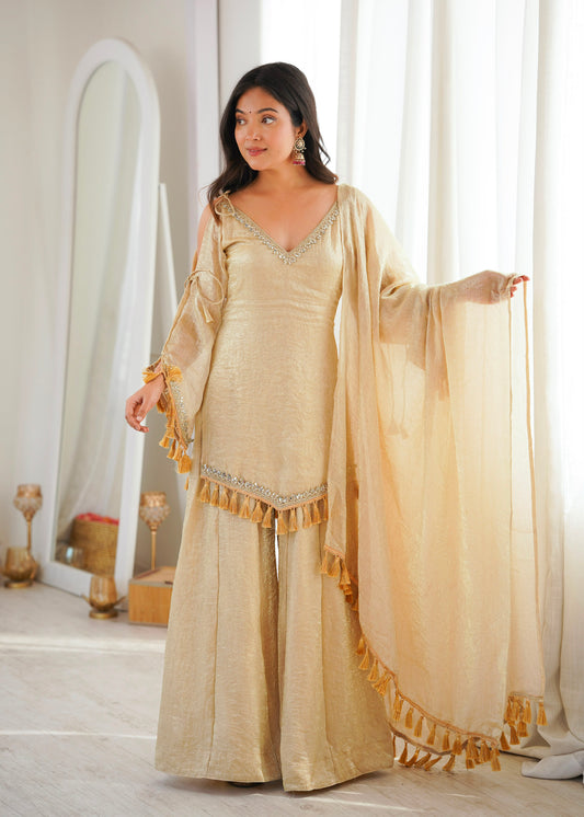 Champagne Gold Designer Kurti Set with Palazzo & Tassel Dupatta