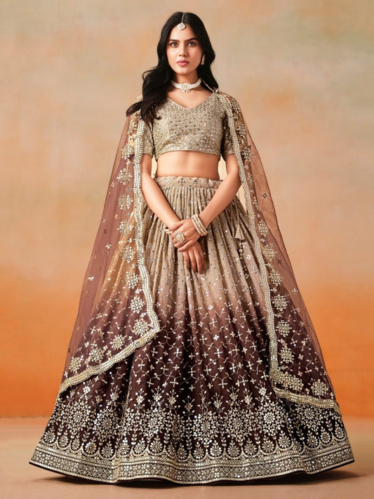 Brown Zari Georgette Embroidered Lehenga Choli with Net Dupatta