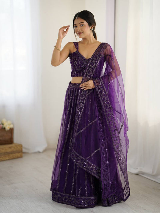 Purple Net Embroidered Party Wear Lehenga Choli with Net Dupatta