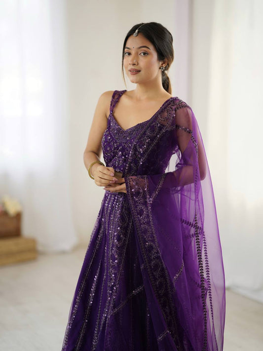 Purple Net Embroidered Party Wear Lehenga Choli with Net Dupatta